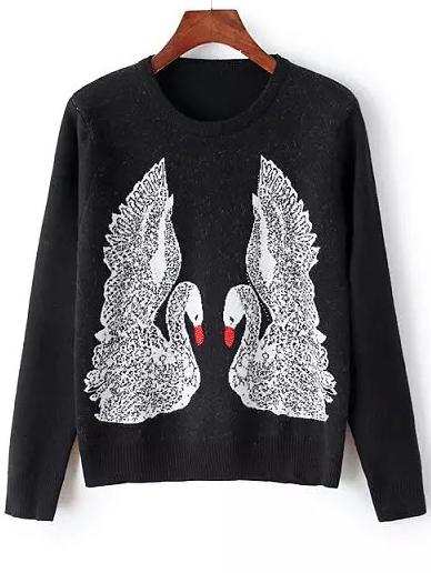 Romwe Swan Print Beaded Black Sweater