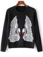 Romwe Swan Print Beaded Black Sweater
