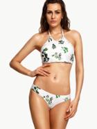 Romwe White Leaf Print Racer Front Bikini Set