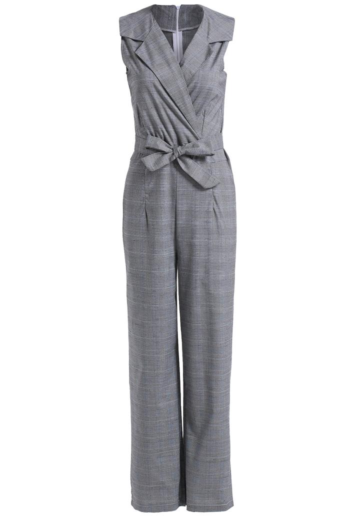 Romwe V Neck With Bow Plaid Jumpsuit