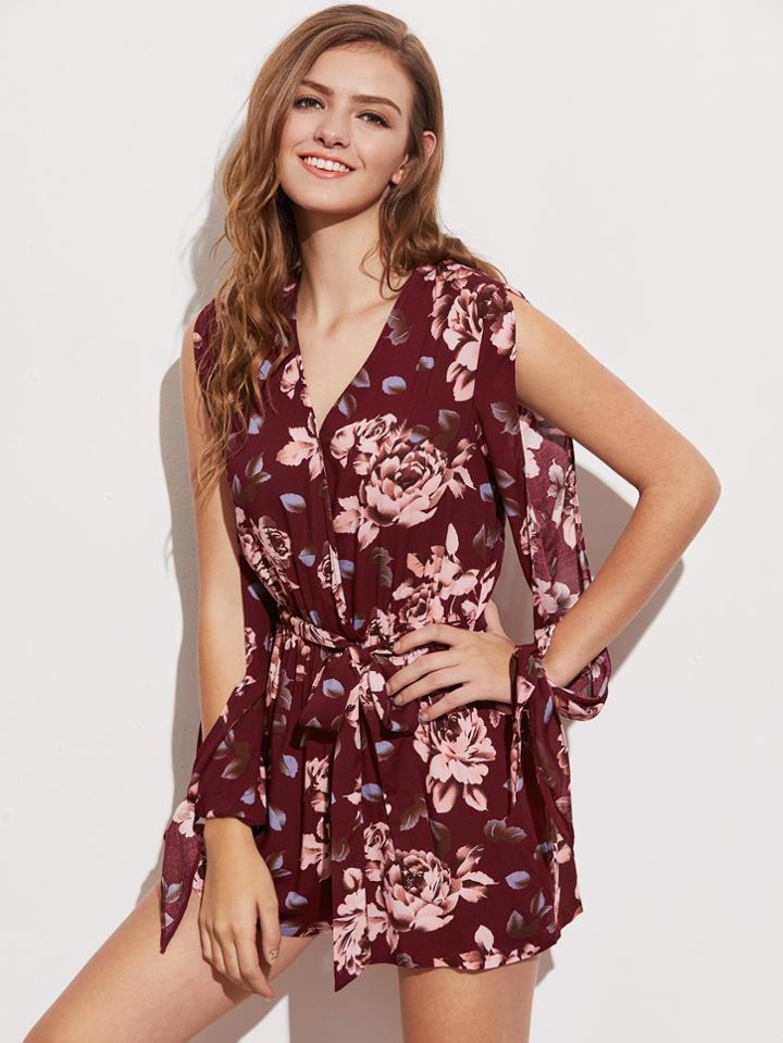 Romwe Split Sleeve And Back Surplice Wrap Floral Romper