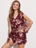 Romwe Split Sleeve And Back Surplice Wrap Floral Romper