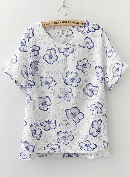 Romwe Dip Hem V Neck Flower Print Blue Top