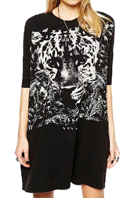 Romwe Romwe Big Tiger Face Print Loose Black Dress