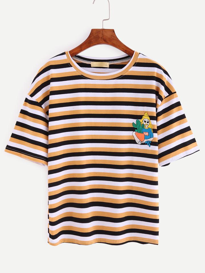 Romwe Striped Cactus Embroidered T-shirt