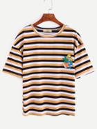 Romwe Striped Cactus Embroidered T-shirt