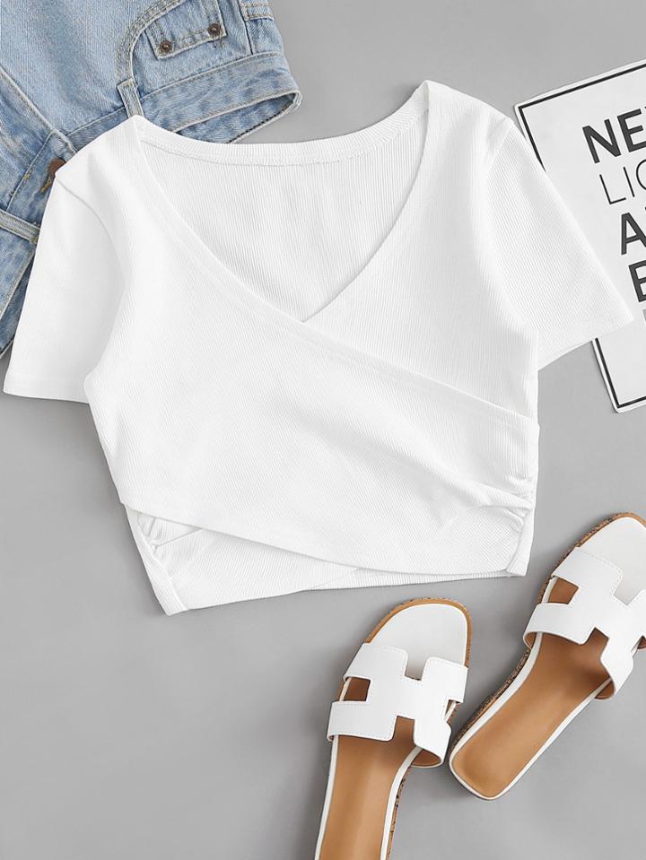 Romwe Ribbed Knit Surplice Front Crop Tee