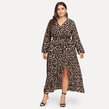 Romwe Plus Self Tie Ruffle Hem Leopard Print Dress