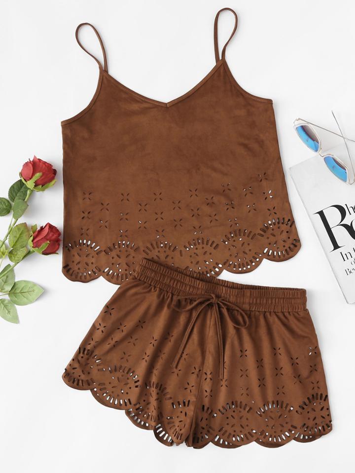 Romwe Cut Out Scallop Hem Cami Top And Shorts Co-ord