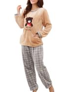 Romwe Contrast Trim Embroidered Plush Pullover & Pants Pj Set