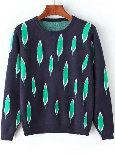Romwe Round Neck Leaves Print Navy Sweater