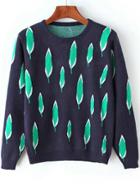 Romwe Round Neck Leaves Print Navy Sweater