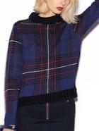 Romwe Long Sleeve Plaid Blue Sweater