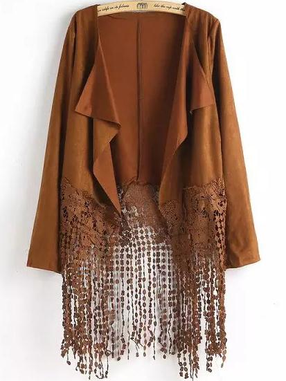 Romwe Lace Tassel Drape Front Suede Khaki Coat