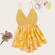 Romwe Crochet Bodice Knot Back Plants Print Romper