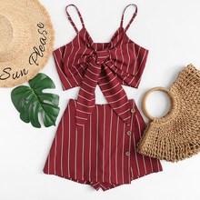 Romwe Striped Knot Front Cami Top With Shorts