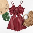 Romwe Striped Knot Front Cami Top With Shorts