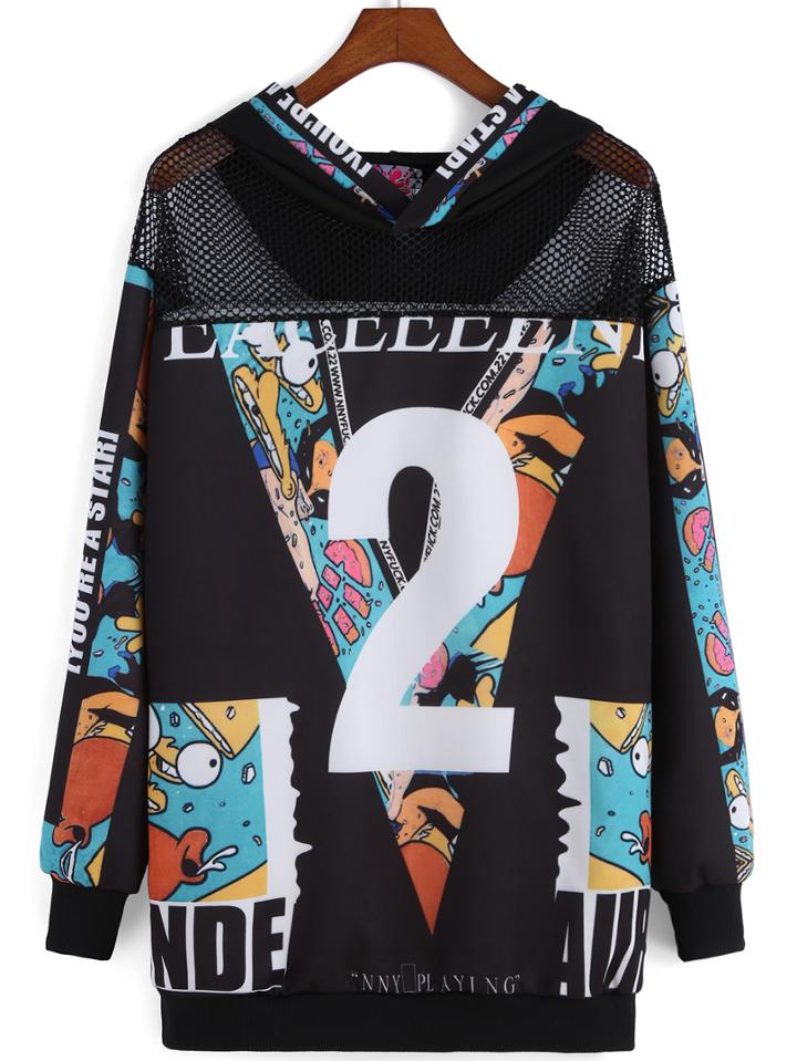 Romwe Hooded Cartoon Print Hollow Sweatshirt
