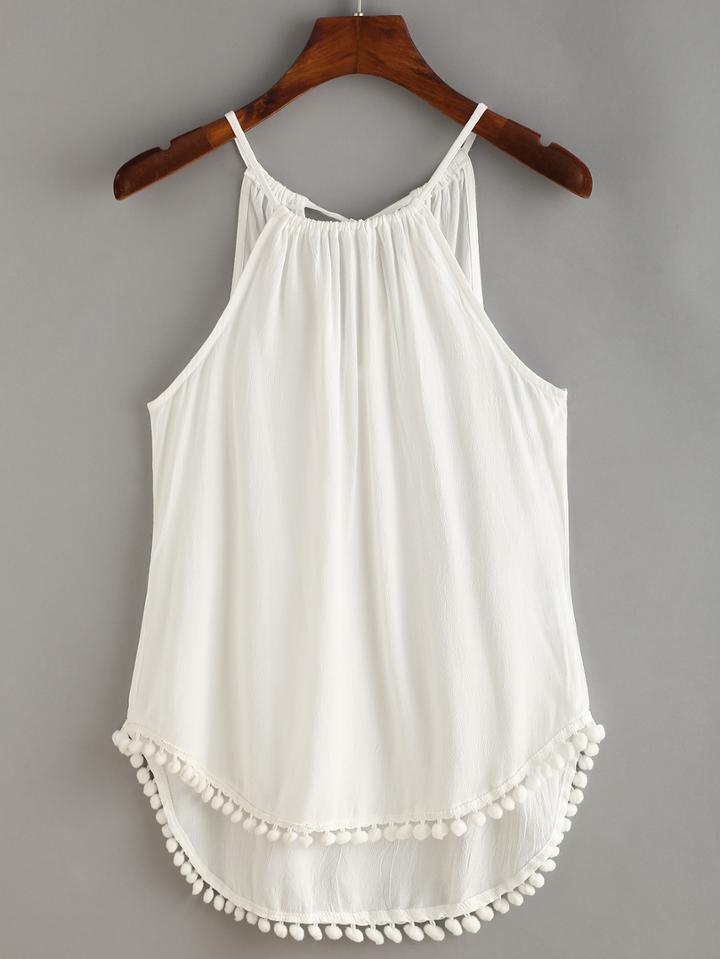 Romwe Pom Pom Trimmed Tied Drawstring-neck Cami Top