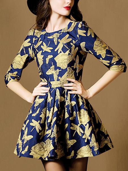 Romwe Multicolor Round Neck Half Sleeve Jacquard Dress