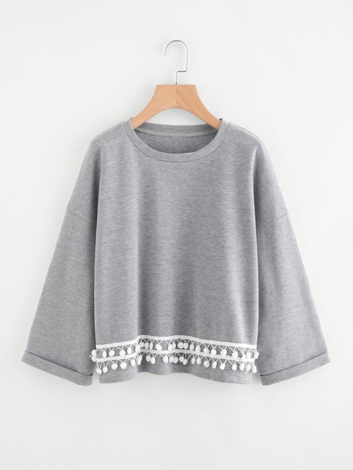 Romwe Drop Shoulder Pom Pom Trim Cuffed Sweatshirt
