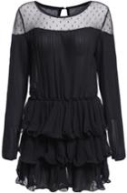 Romwe Round Neck Sheer Lace Ruffle Black Dress