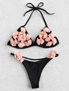 Romwe Flower Embellished Triangle Bikini Set