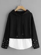 Romwe Contrast Hem Pearl Beaded 2 In 1 Hoodie