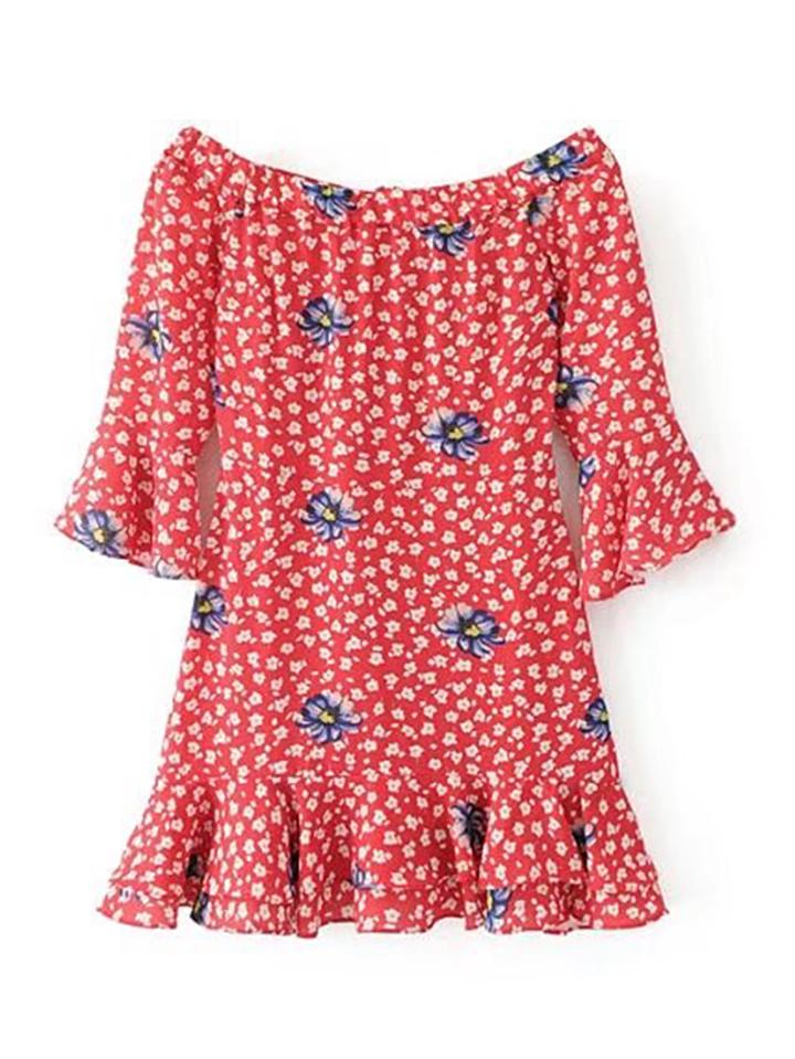 Romwe Fluted Sleeve Frill Hem Off Shoulder Dress