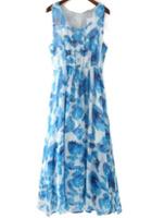 Romwe Round Neck Florals Chiffon Blue Dress