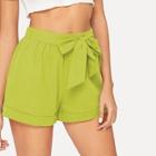Romwe Neon Lime Self Belted Elastic Waist Cuffed Shorts