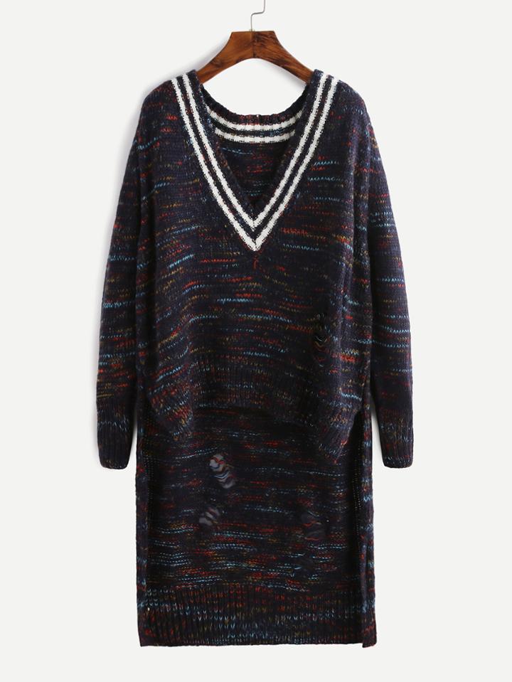 Romwe Striped V Neck High Low Distressed Sweater