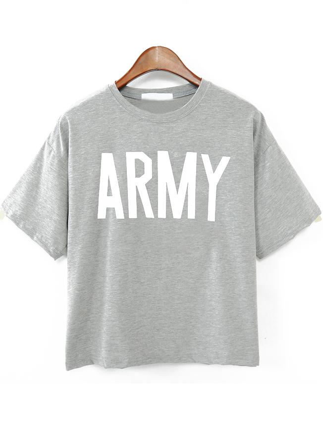 Romwe Round Neck Letters Print Grey T-shirt