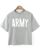 Romwe Round Neck Letters Print Grey T-shirt