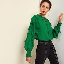 Romwe Tie Neck Shirred Panel Laser Cut Top
