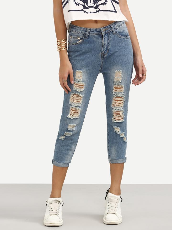 Romwe Ripped Stone Wash Blue Jeans