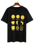 Romwe Black Emoji Faces Print T-shirt