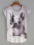Romwe White Dog Print Dip Hem T-shirt