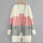 Romwe Color-block Pocket Patched Cable Knit Cardigan