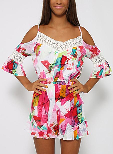 Romwe Contrast Lace Off The Shoulder Florals Romper