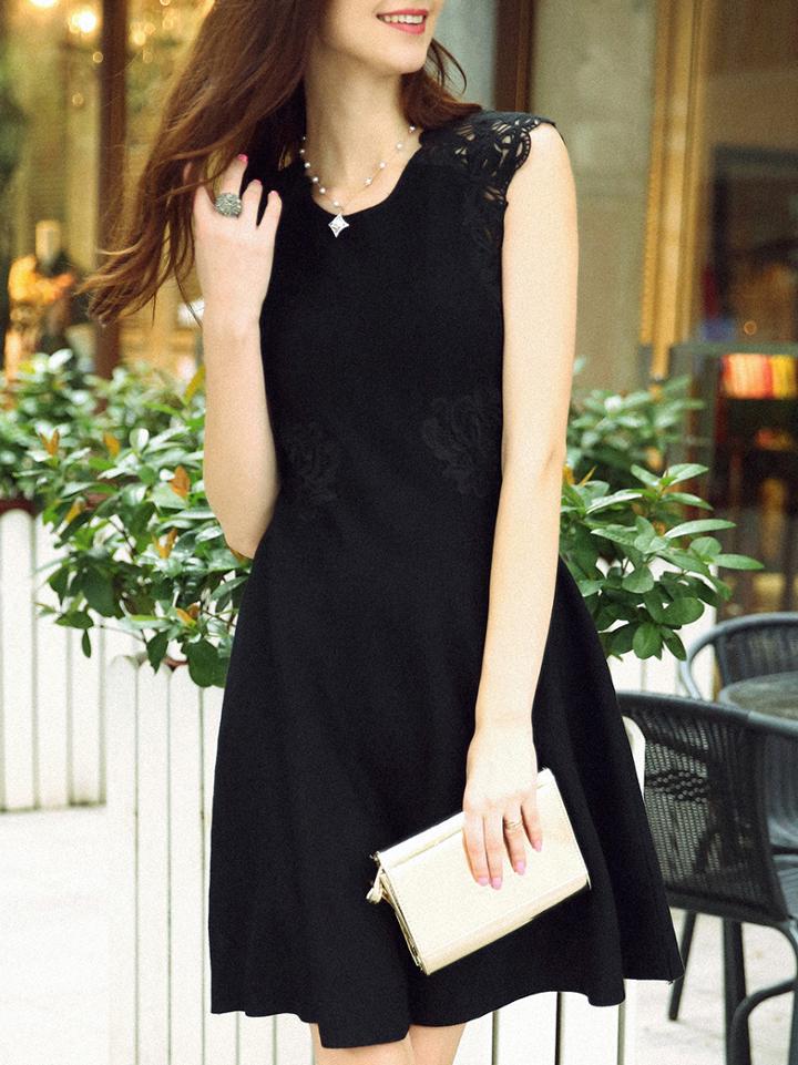Romwe Black Round Neck Sleeveless Embroidered Knit Dress