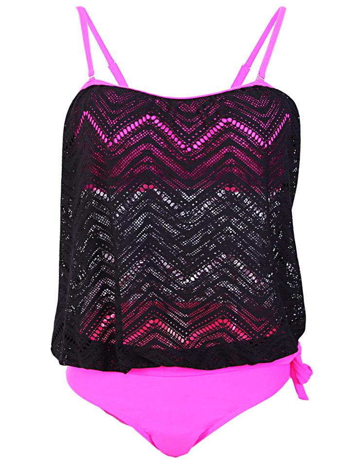 Romwe Contrast Lace Overlay Spaghetti Strap Tankini Set