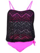 Romwe Contrast Lace Overlay Spaghetti Strap Tankini Set