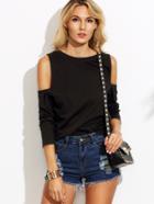 Romwe Black Open Shoulder T-shirt