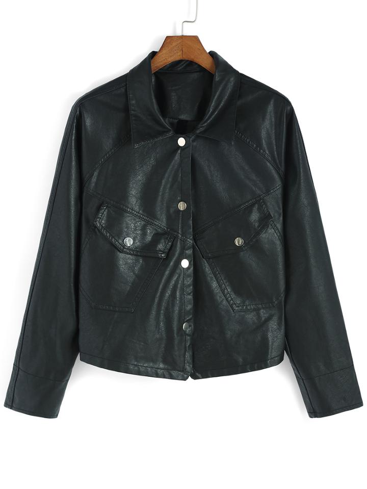 Romwe Lapel Pockets Buttons Pu Jacket