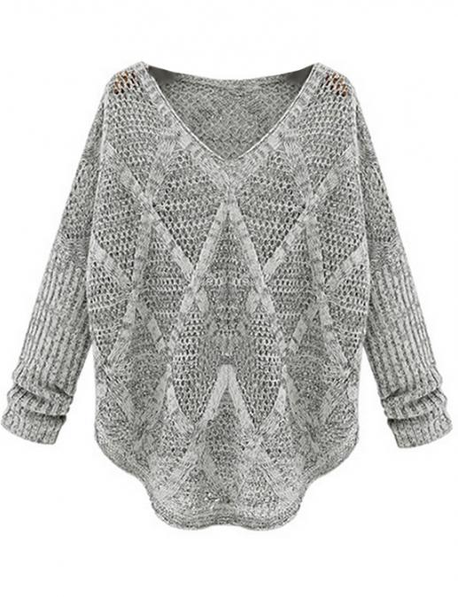 Romwe V-neck Diamond Patterned Knit Sweater