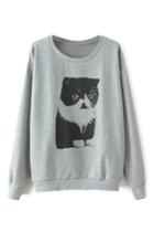 Romwe Litte Cat Print Grey Sweatshirt