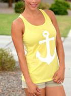 Romwe Anchor Print Yellow Tank Top