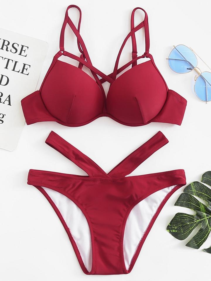 Romwe Crisscross Solid Bikini Set