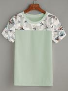 Romwe Contrast Bird Print Mesh Yoke Top